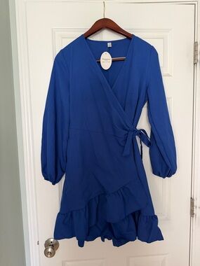 Naggoo Cobalt Wrap Ruffle Long Sleeve Dress